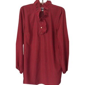 Mud Pie Women's‎ Tunic Top Red Floral Print Long Sleeve Ruffle Collar Blouse L